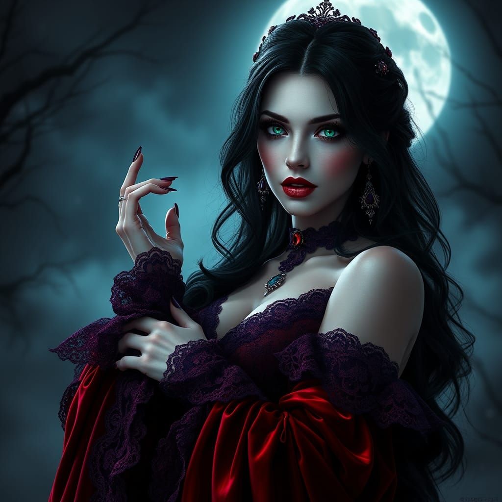 Regal Vampiress Portrait Under Moonlight, Fantasy Concept Ar...