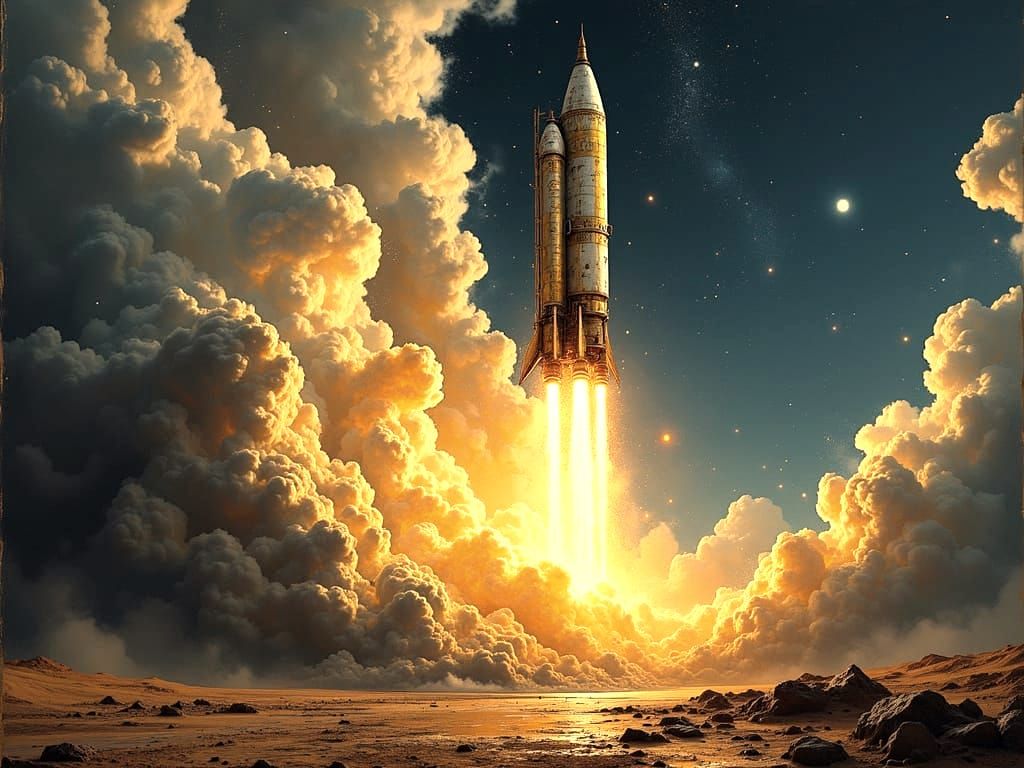 Vintage Rocket Launches with Force Through Billowing Smoke