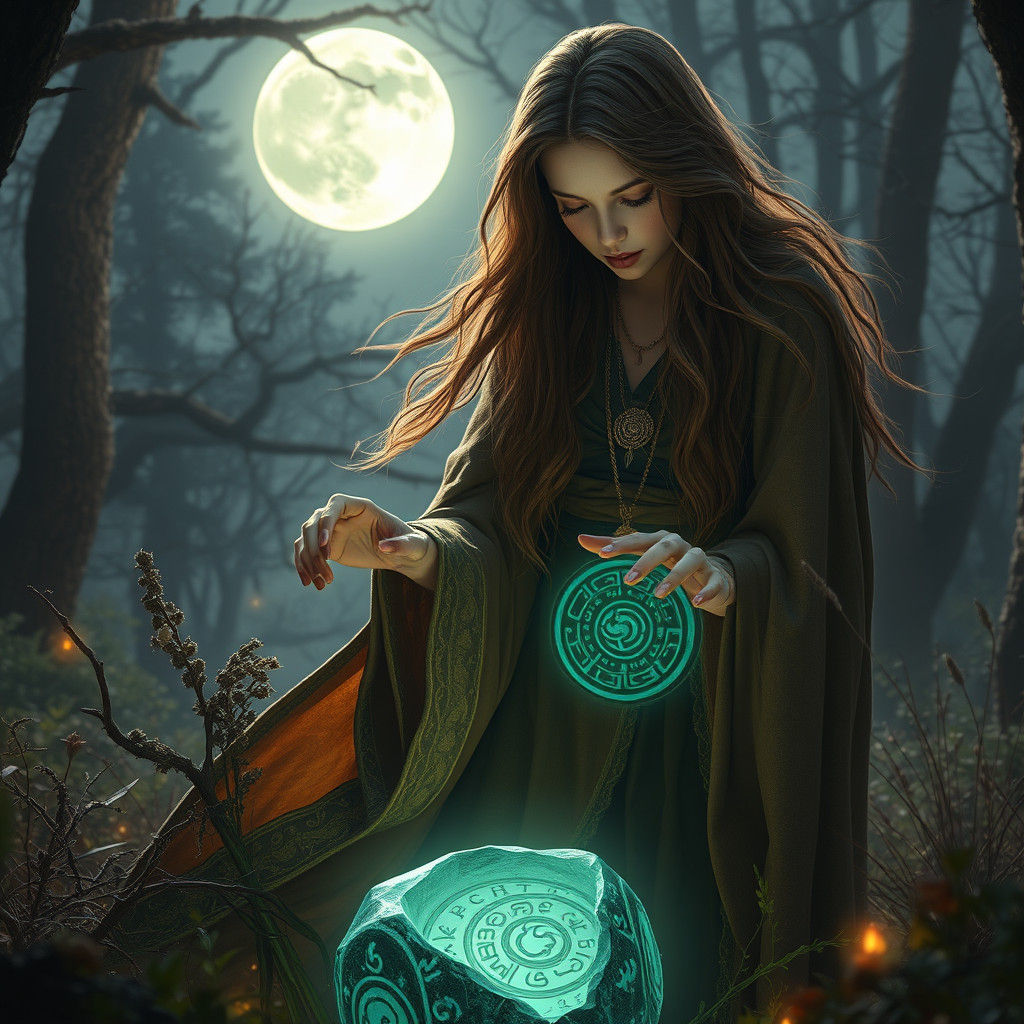Mystical Witch Gathering Herbs by Moonlight