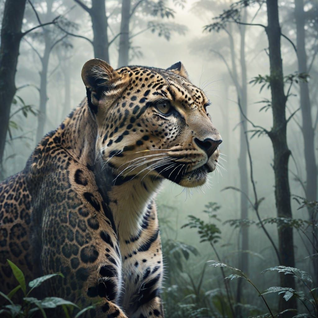 Surreal Leopard Double Exposure in Misty Forest