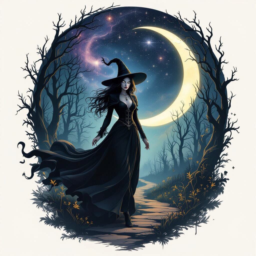 Gothic Witch Enters Astral Portal in Forest Clearing