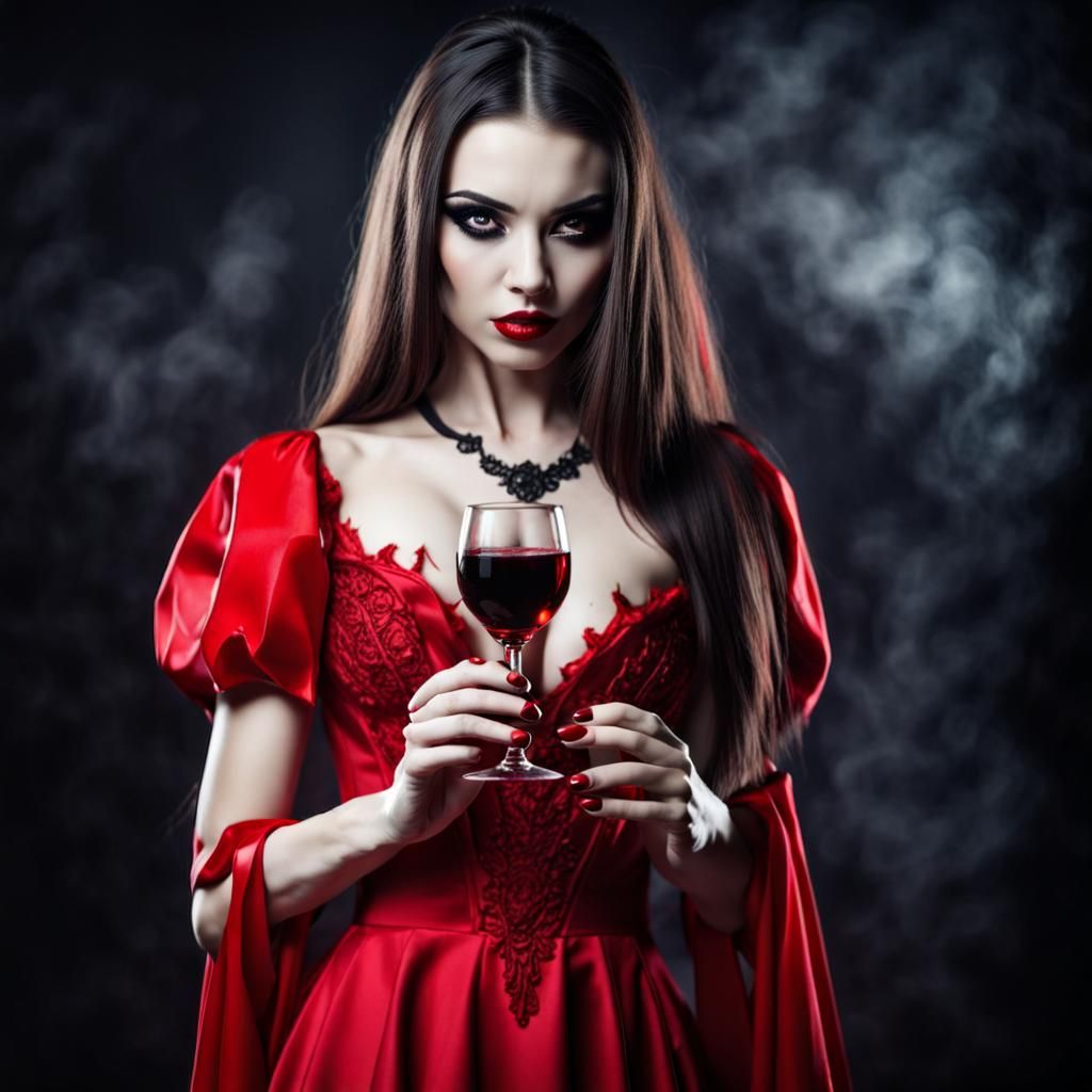 Elegant Vampire in Red Dress with Blood