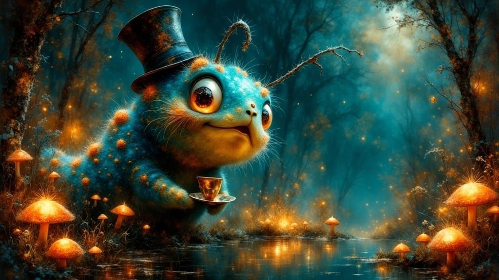 Bioluminescent Caterpillar Sipping Tea in a Glowing Garden