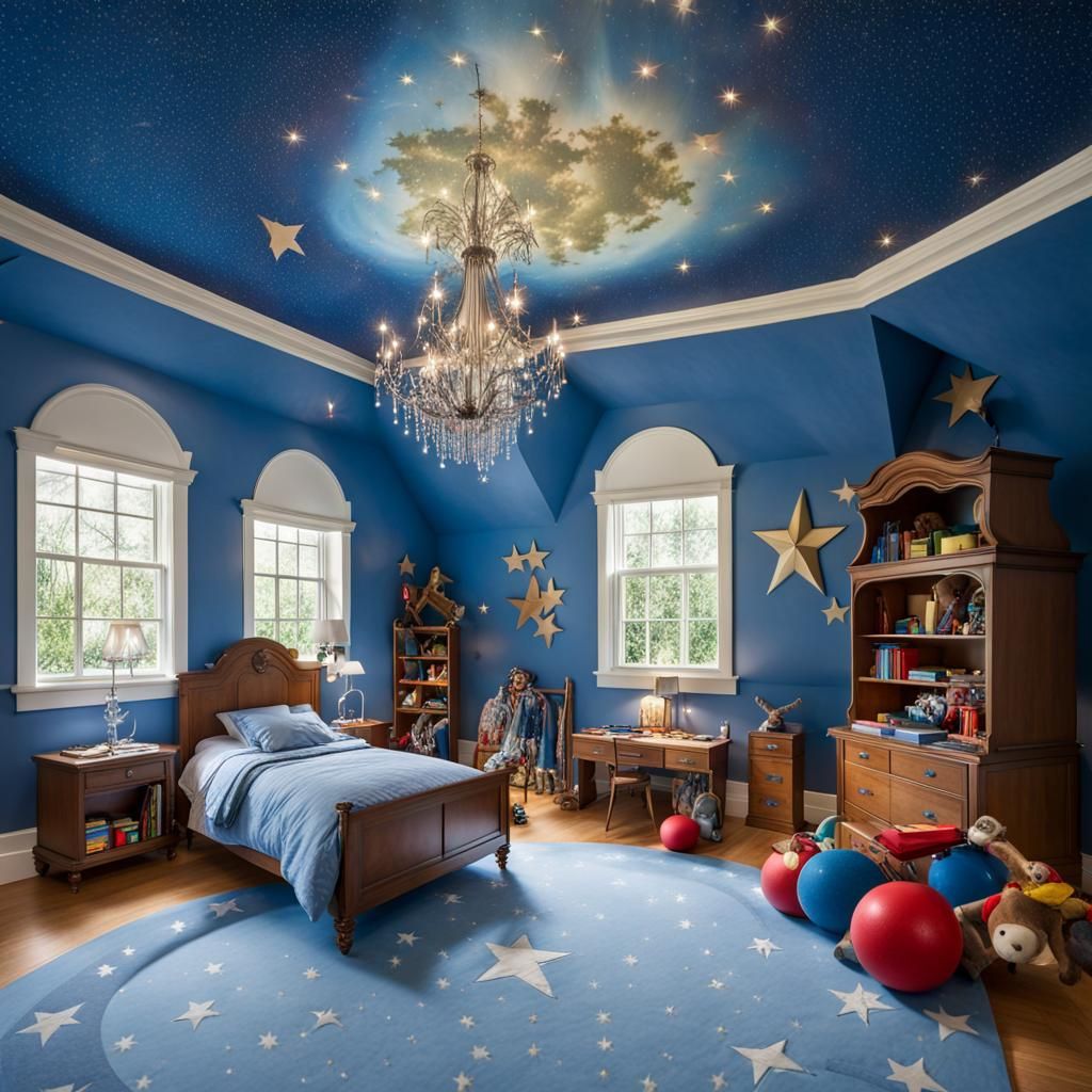 Blue Mansion Child's Bedroom with Starry Ceiling