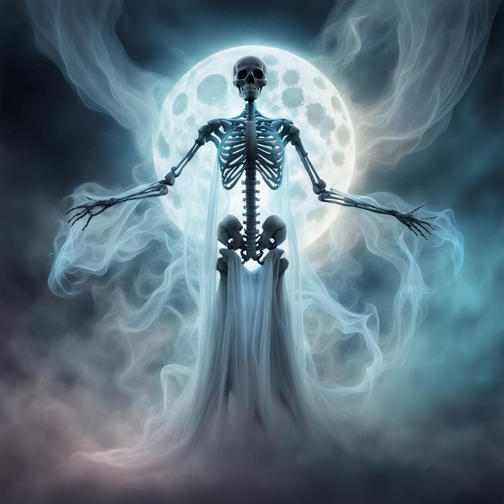 Glowing Skeletal Ghost with Bioluminescent Moon