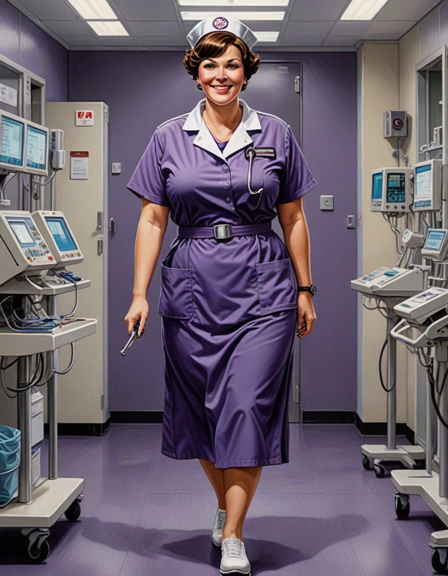 Elegant Nurse Strides Through ICU with Poised Confidence