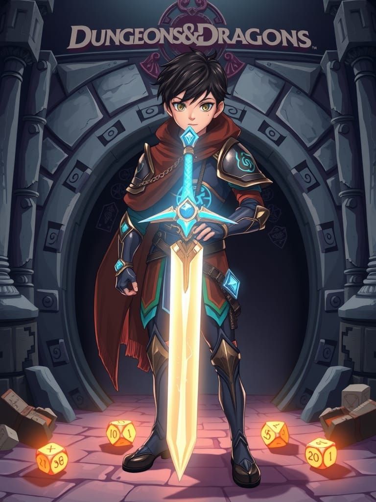An anime-style Dungeons & Dragons-inspired character, wearing detailed fantasy armor with magical runes and a glowing we...