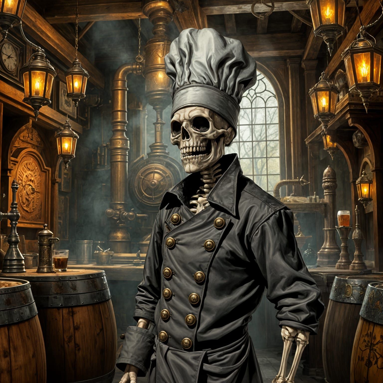 Epic Steampunk Skeleton Chef in a Scenic Tavern Interior