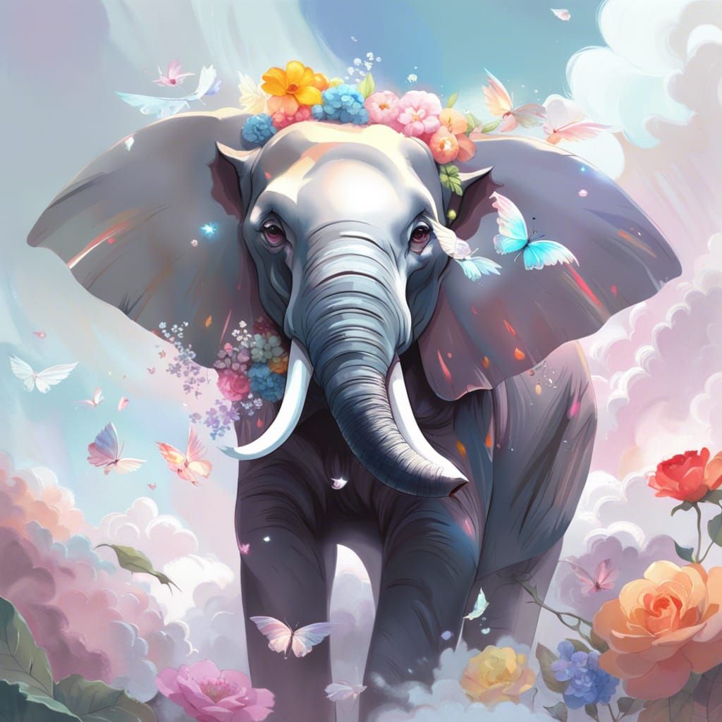 Adorable Elephant with Crystalline Wings in Flight