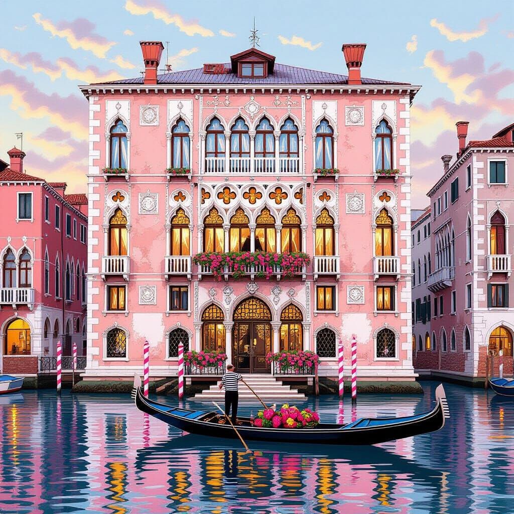 Venetian Palazzo Gondola Scene in Golden Hour Light
