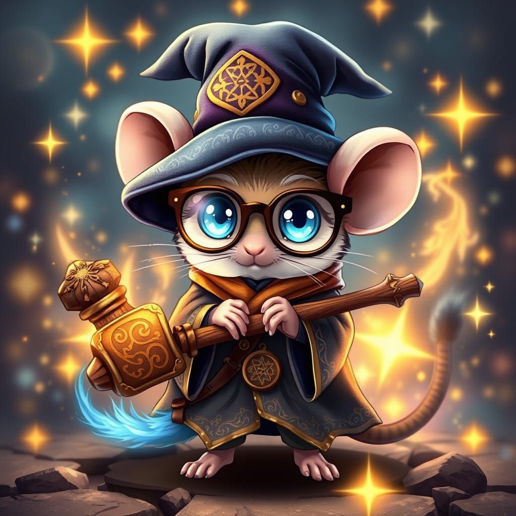 Chibi Anime-Inspired Mouse Wizard in Vibrant Magical Aura