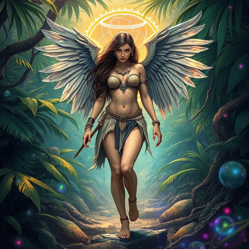 A female angel barbarian wearing a loincloth is wandering th...