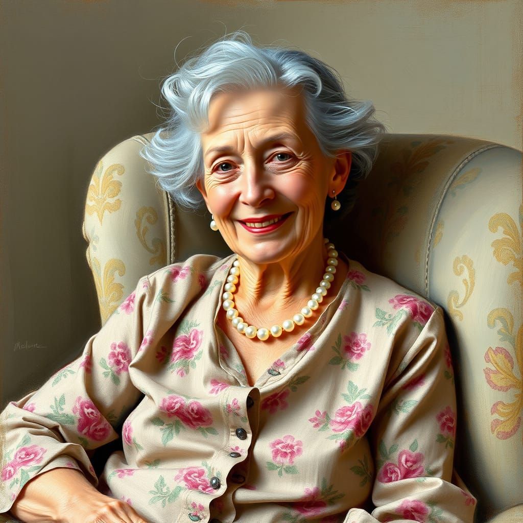Portrait of Smiling Old Woman in Impressionist Style