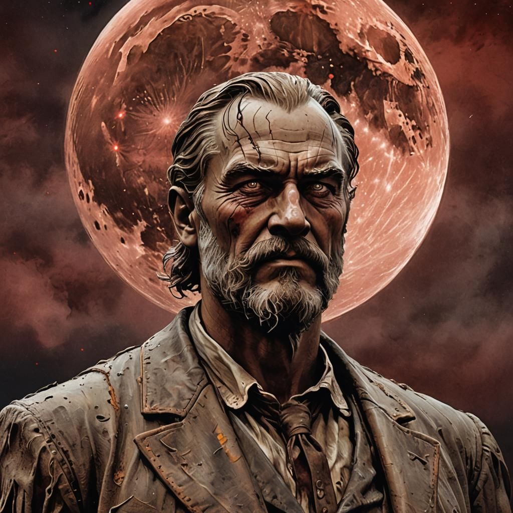 Giant Man Under Red Moon: Surrealist Oil Painting