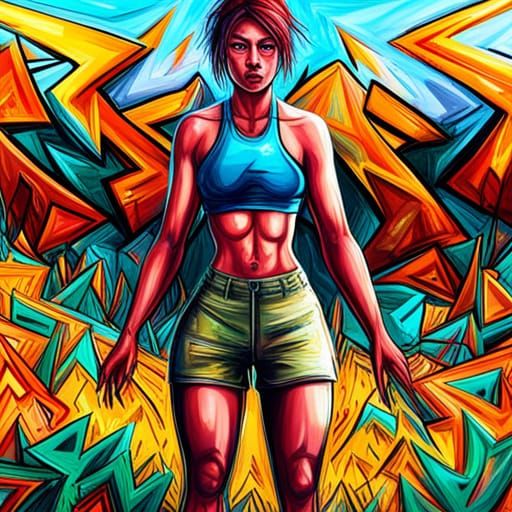 Hourglass Figure in Graffiti Street Art Landscape