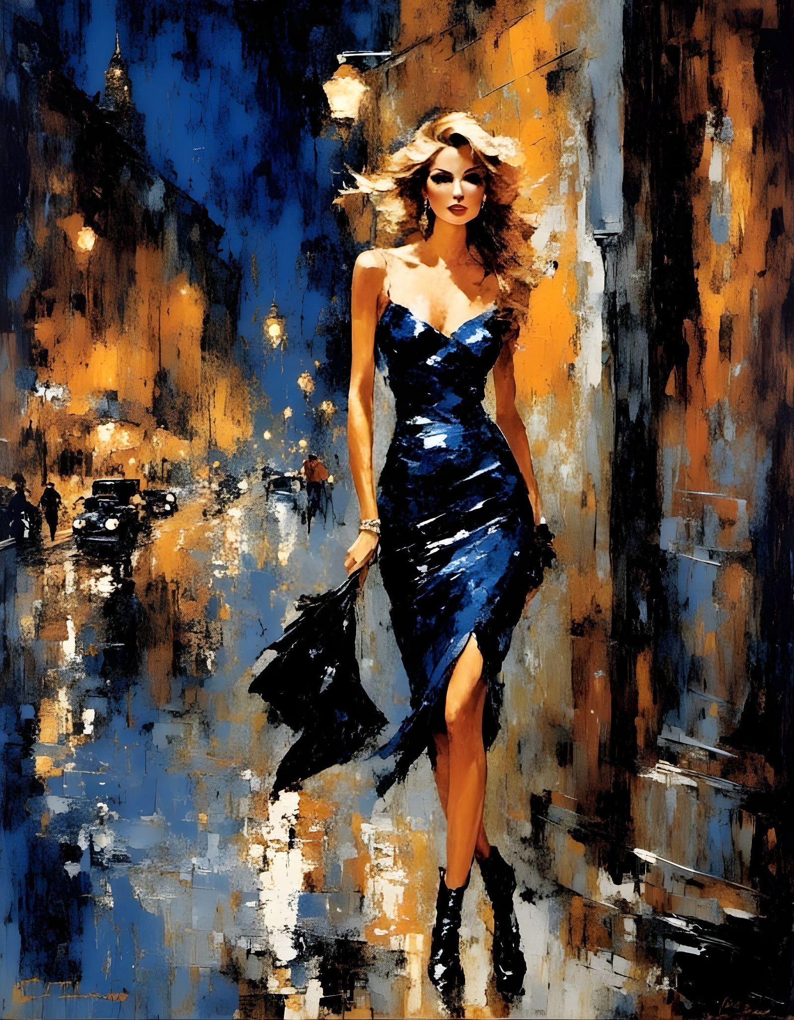 Impressionist Painting of Woman in Blue Dress at Night