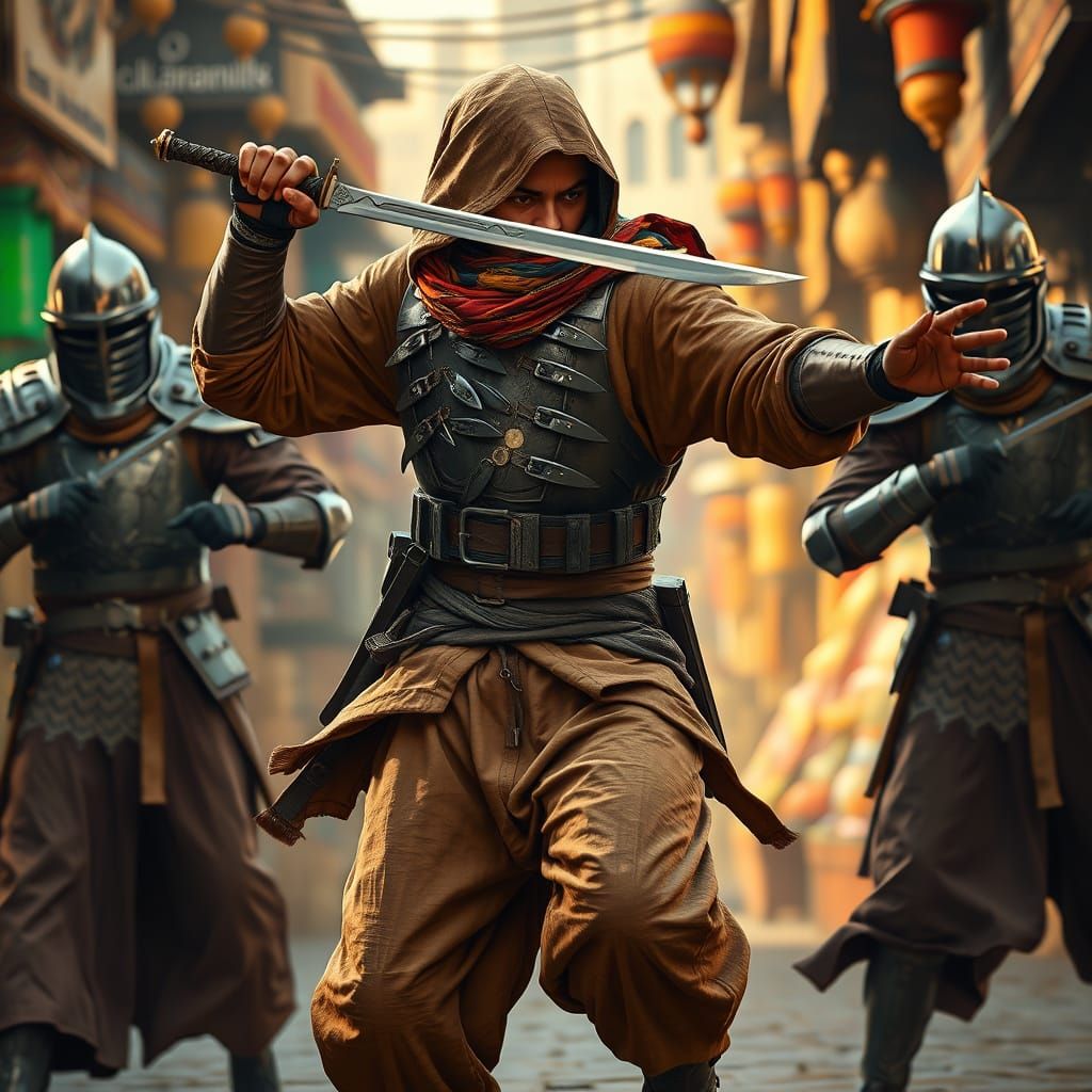 Fantastical Warrior in Earth-Toned Robes Charges Through Blu...