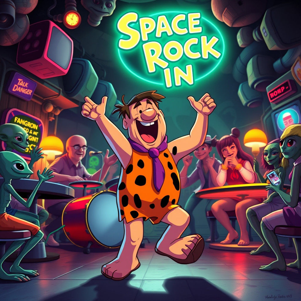 Fred Flintstone Dances in Retro-Futuristic Bar