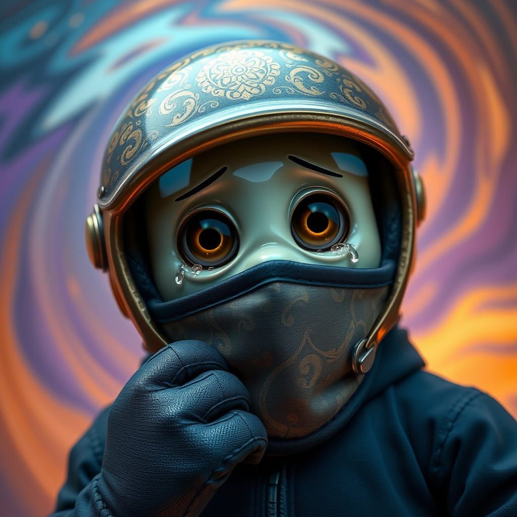 Condom in Driving Helmet with Teary Eyes, Whimsical Fantasy...