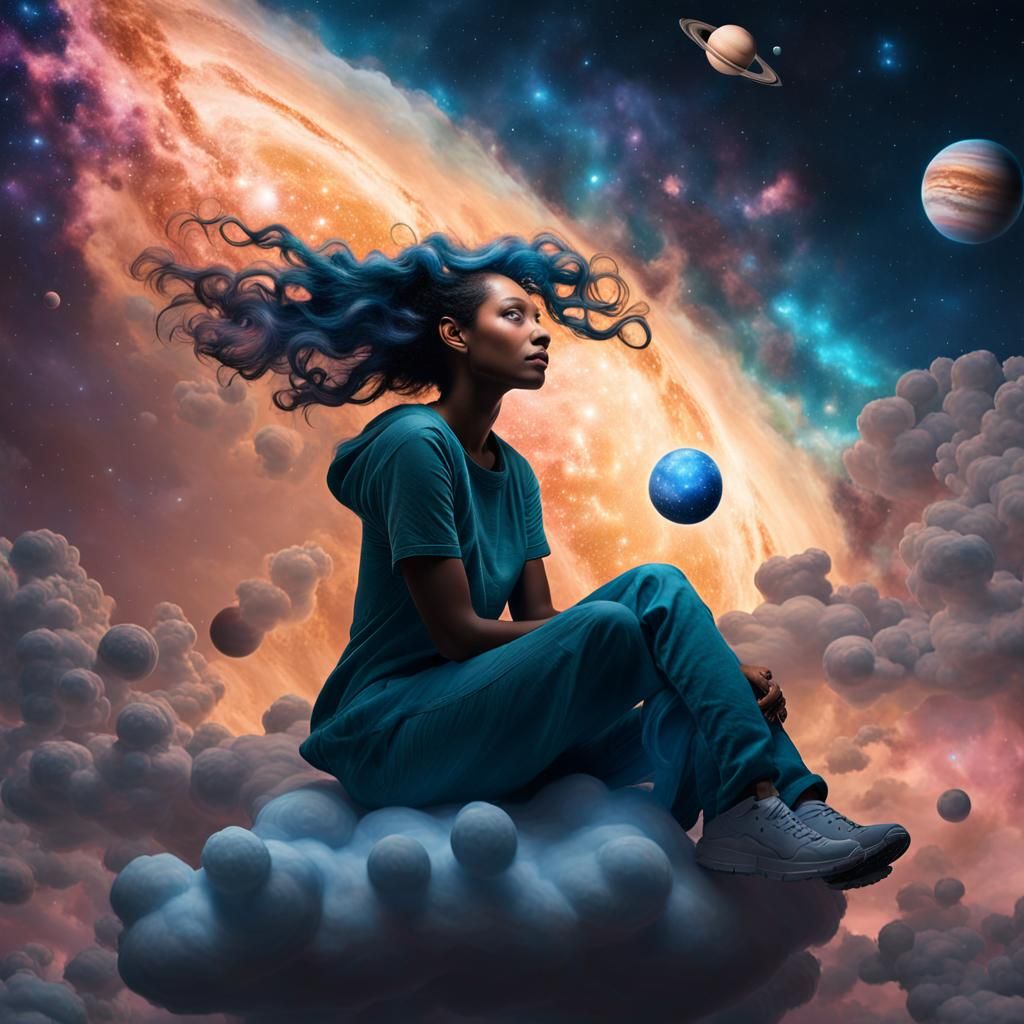 Woman on Cloud Gazing at Stars in Hyperreal Style