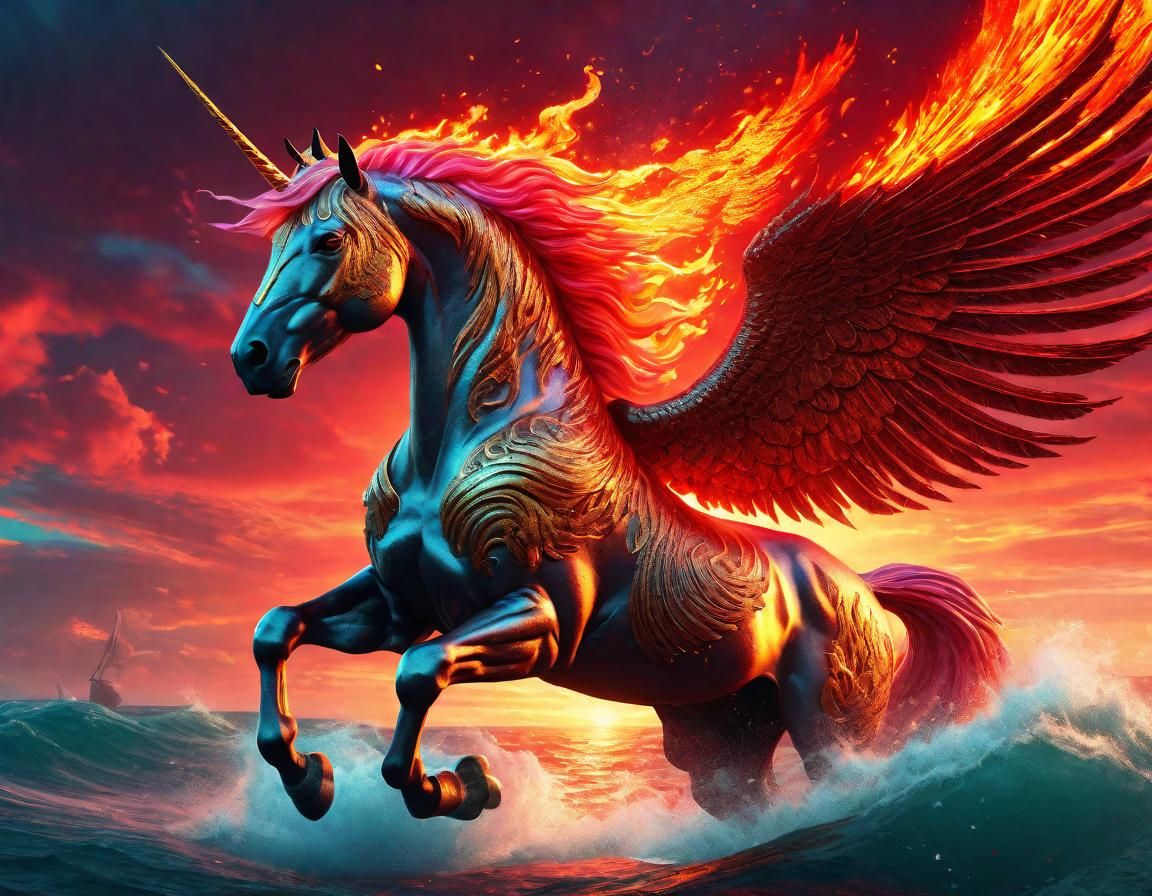 Flaming Unicorn Soaring Through Crimson Sky