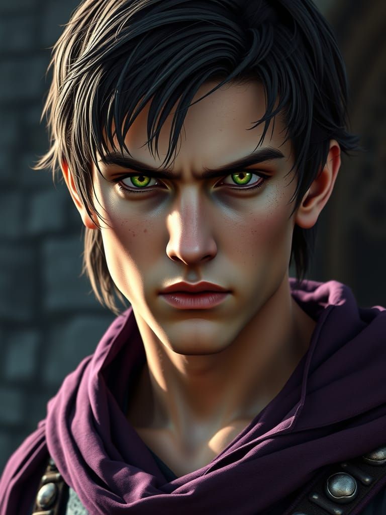 Medieval Prince in Plum Purple Attire, with Intense Green Ey...