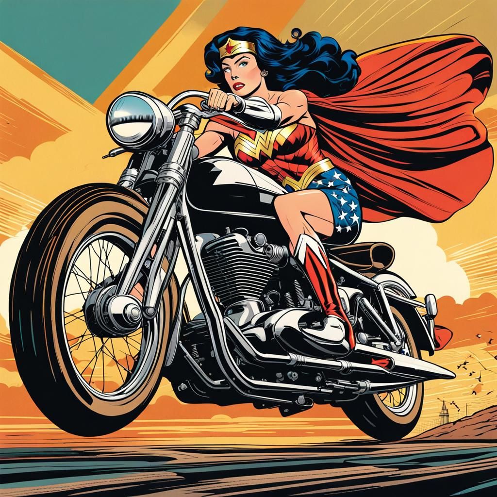 Wonder Woman on a 50s Motorcycle in Retro Comic Style