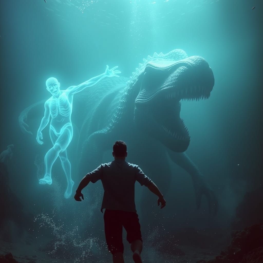 Human Man Chased by Hyperreal Ghostly Sea Monster in a Night...