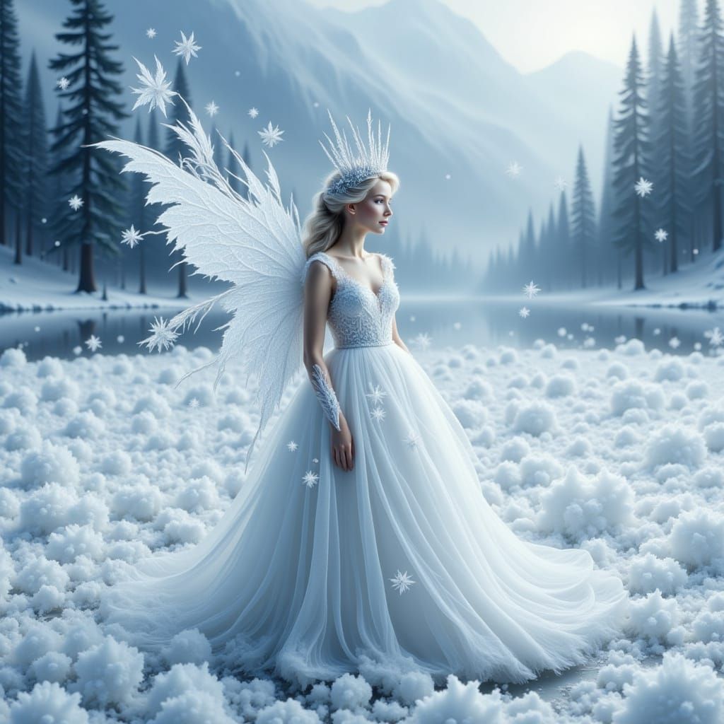 Snow fairy queen in a luxurious white gown, standing serenely on a vast frozen lake, surrounded by small delicate snow f...