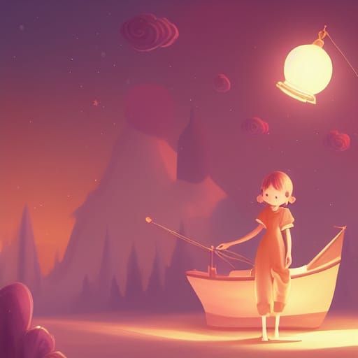 Cute Girl on Ship: Storybook Digital Illustration