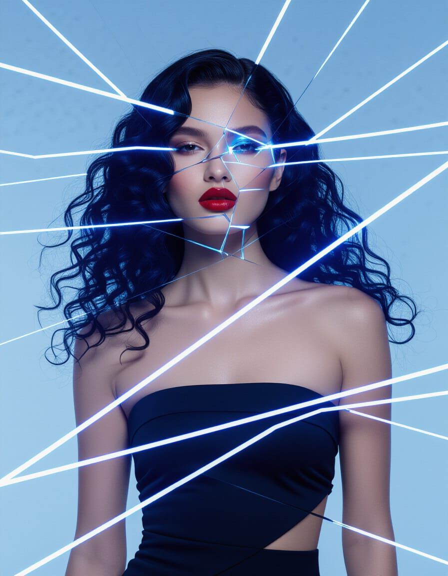 Surreal Fashion Model with Digital Glitches and Blue Hair