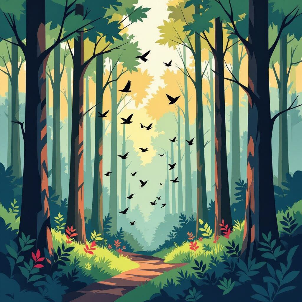 Cubist Forest Alive with Birds in Geometric Fauvism
