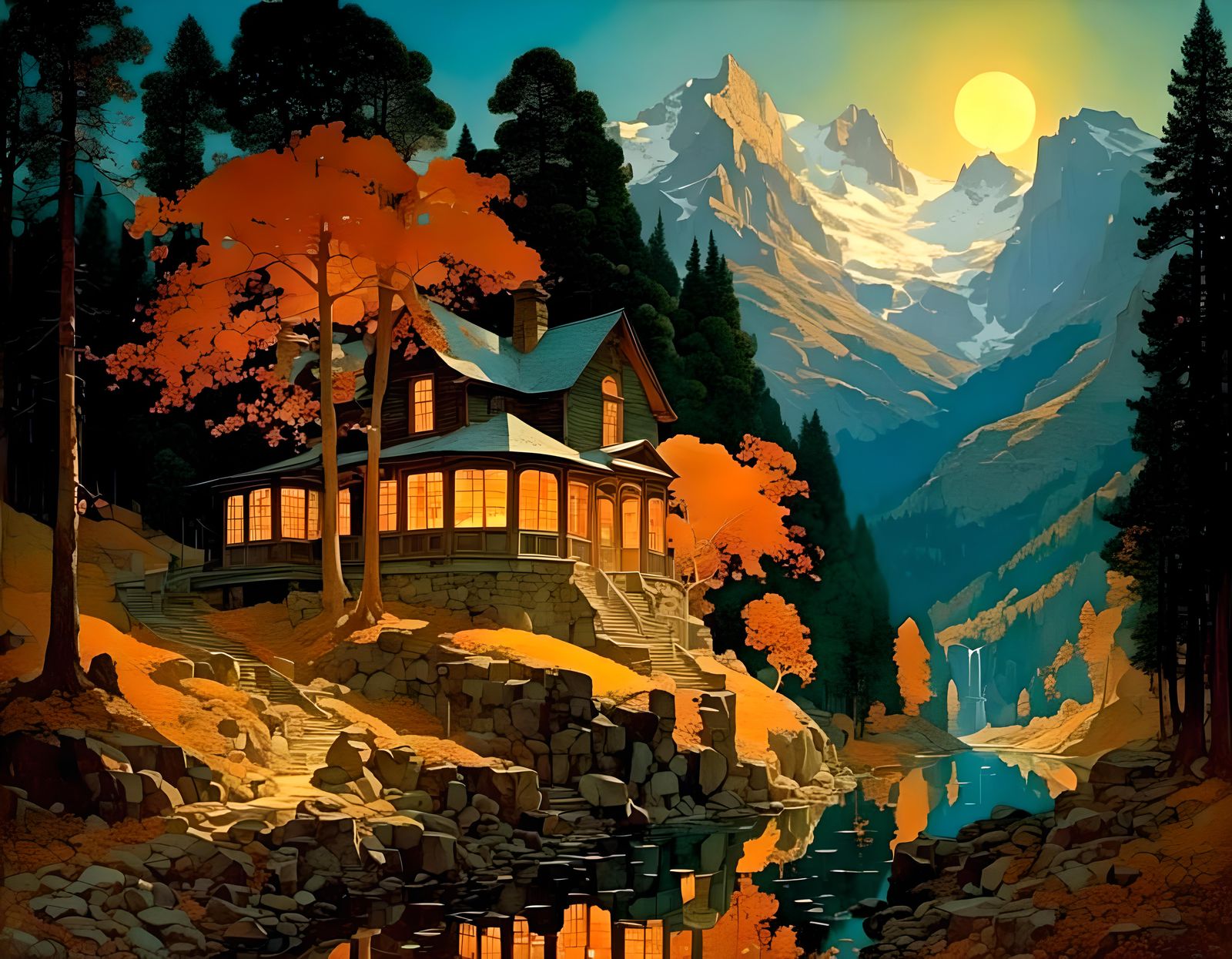 Dusk by Maxfield Parrish (an AI original)