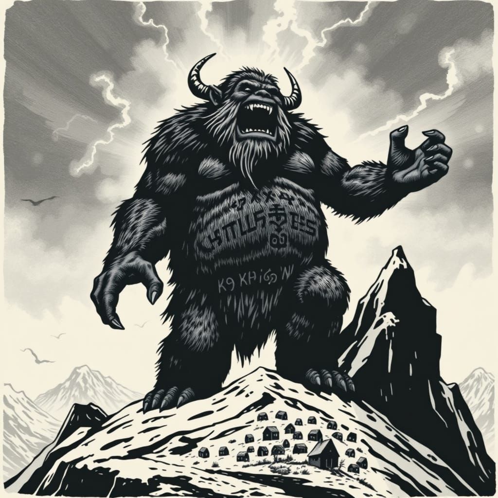 Menacing Troll on Icy Mountain in Printmaking Style