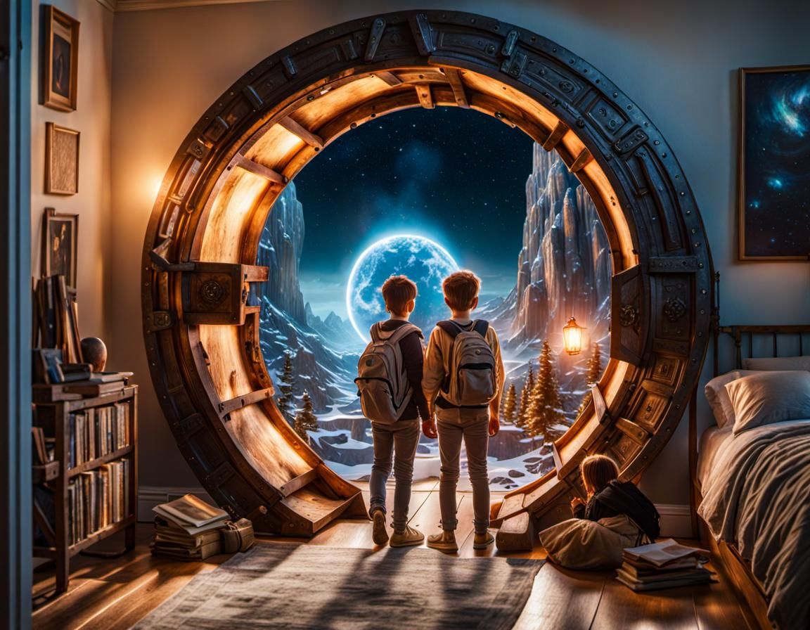 Kids Enter Dimensional Portal: Hyperrealistic Mixed-Media Ph...