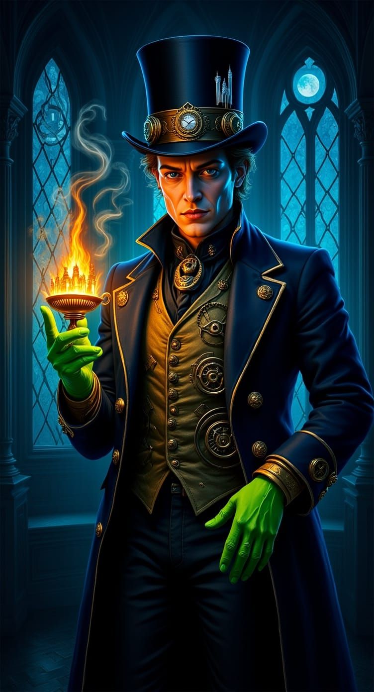 Steampunk Magician with a Flaming Teacup