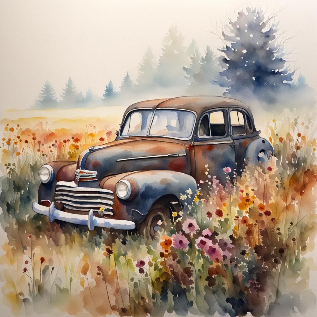 Watercolor Field of Flowers and Rusty Car