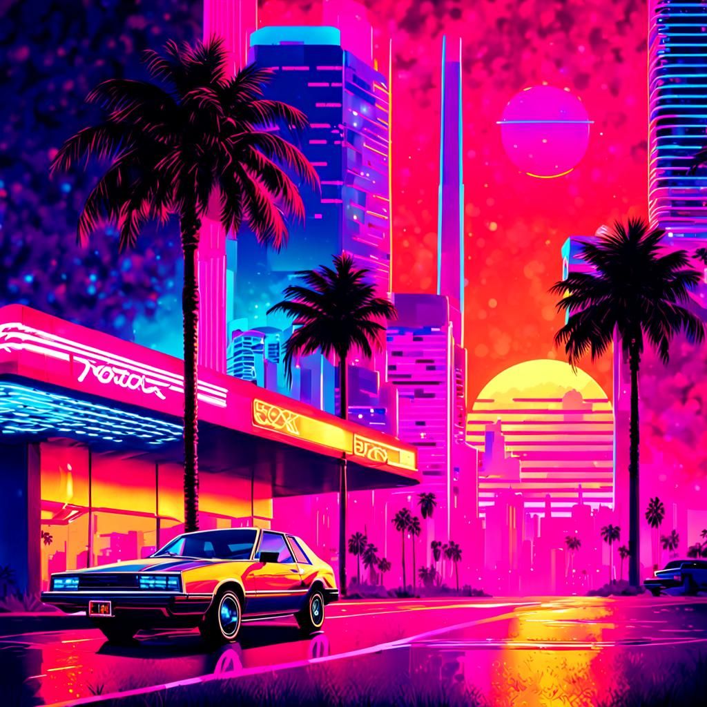 Vaporwave Album Cover with Neon Cityscape