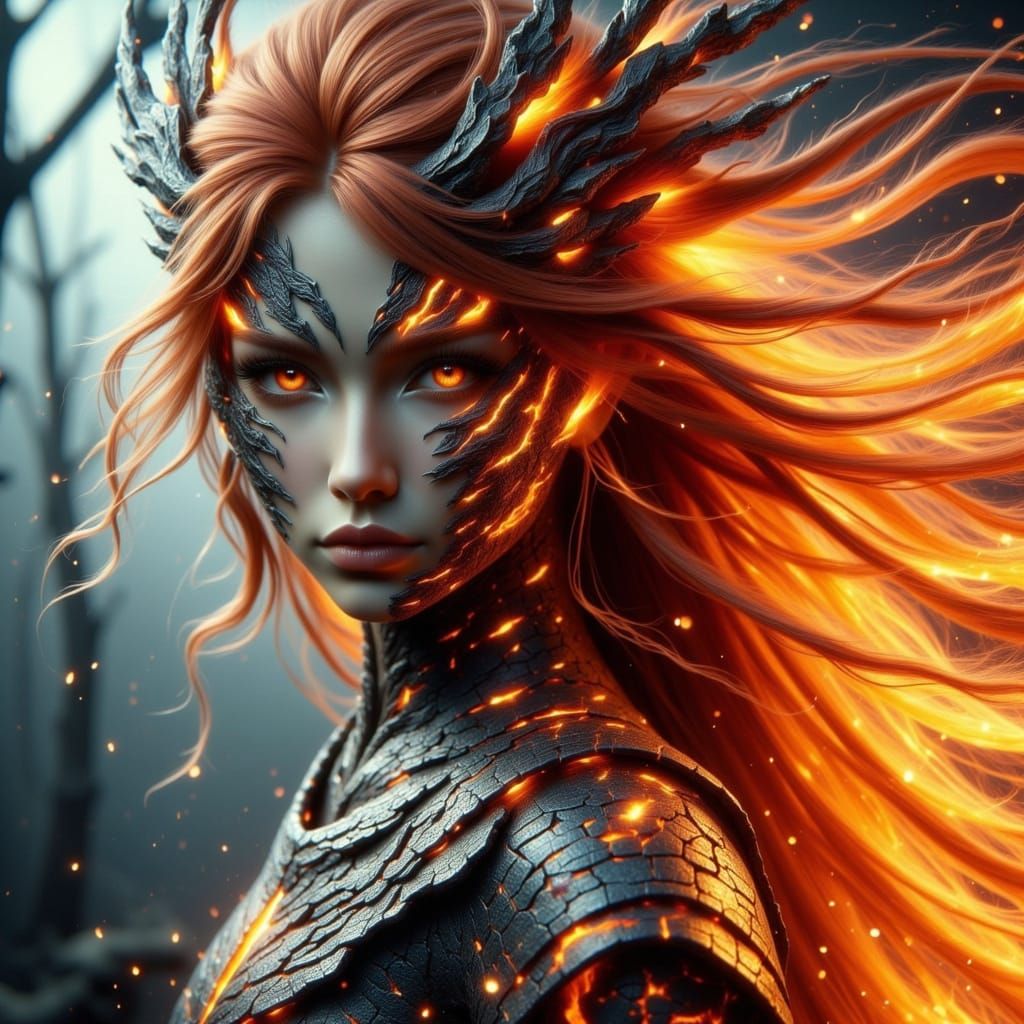 Fire Spirit Samurai Woman in Japanese Ambiance