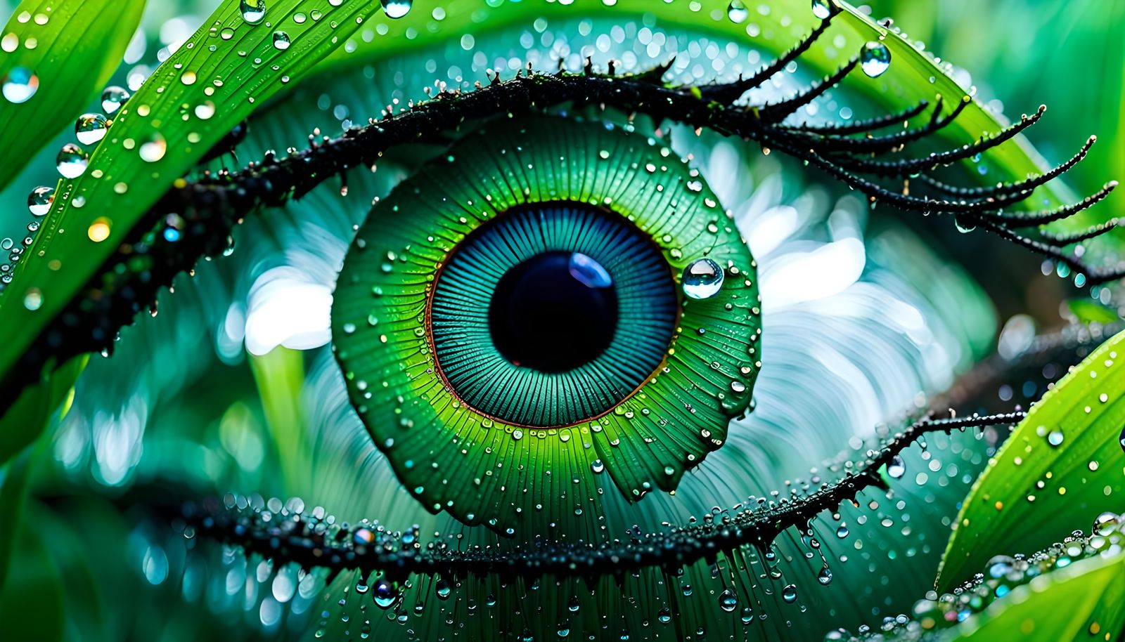 Iridescent Eye Reflecting Dew-Kissed Plants