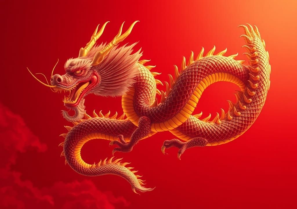 Majestic Chinese Dragon on Crimson Background