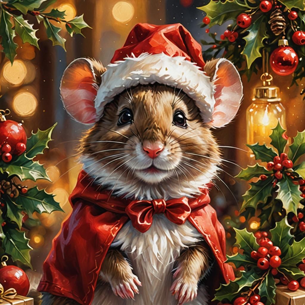 Adorable Mouse Santa in Festive Oil Painting