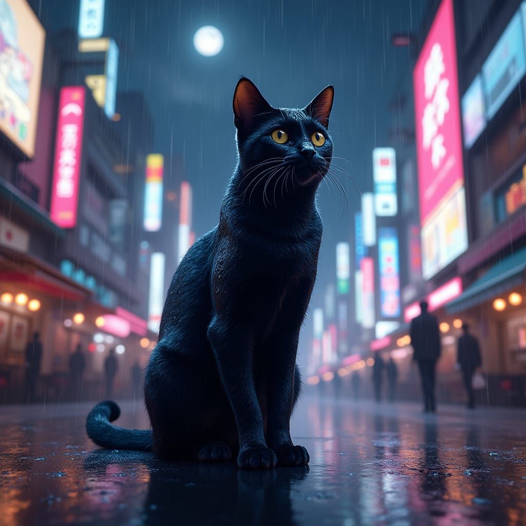Majestic Black Cat Dominates Tokyo Night