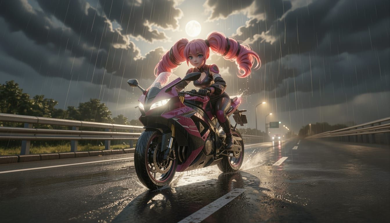 Anime Girl on Futuristic Grav-Bike at Night