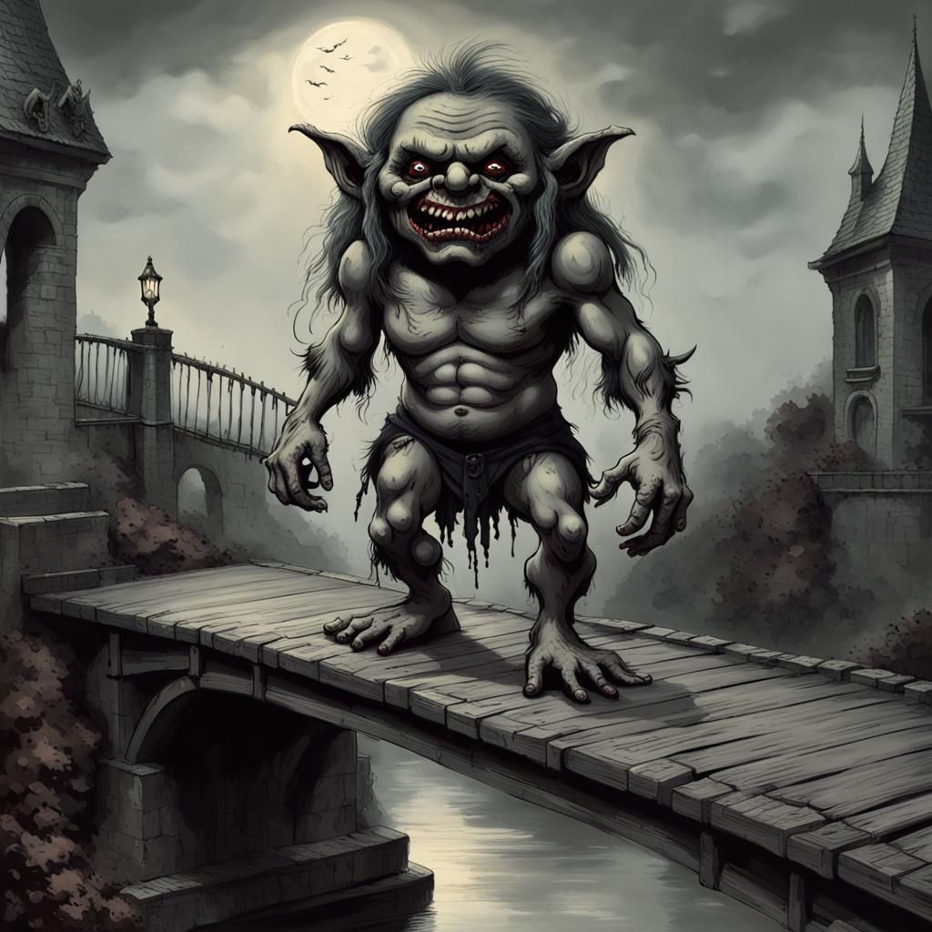 Chibi Demonic Troll on Bridge in Horror Style