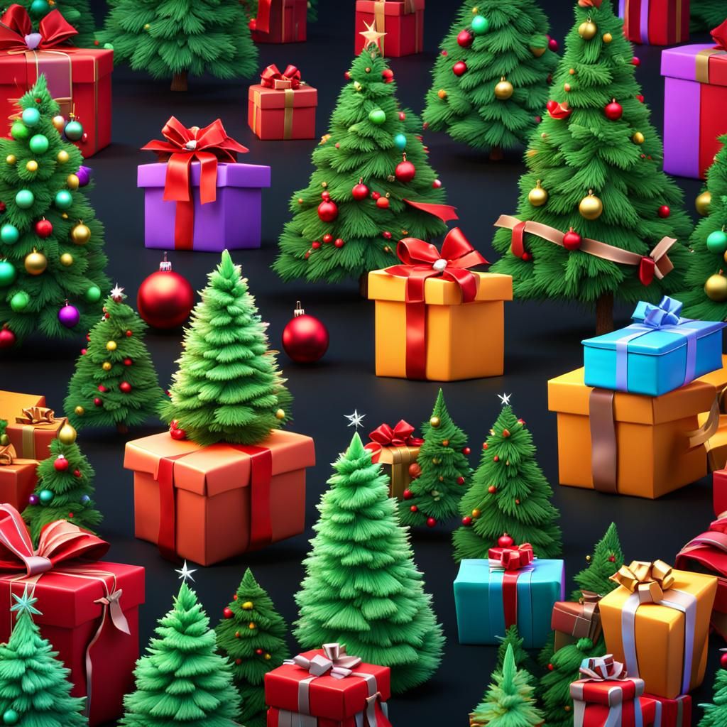 Christmas Trees and Gifts in Winter Snow, 3D Art