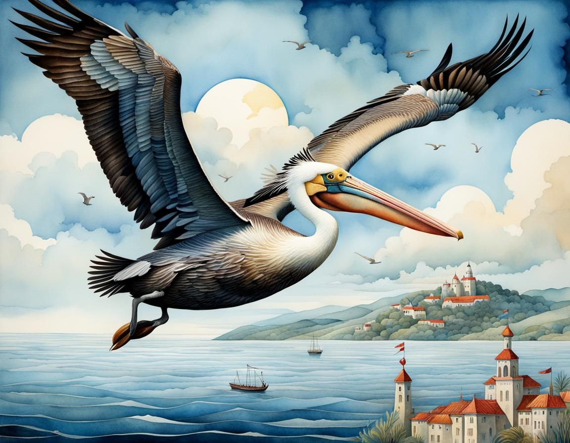 Whimsical Pelican Soaring: Watercolor Storybook Illustration