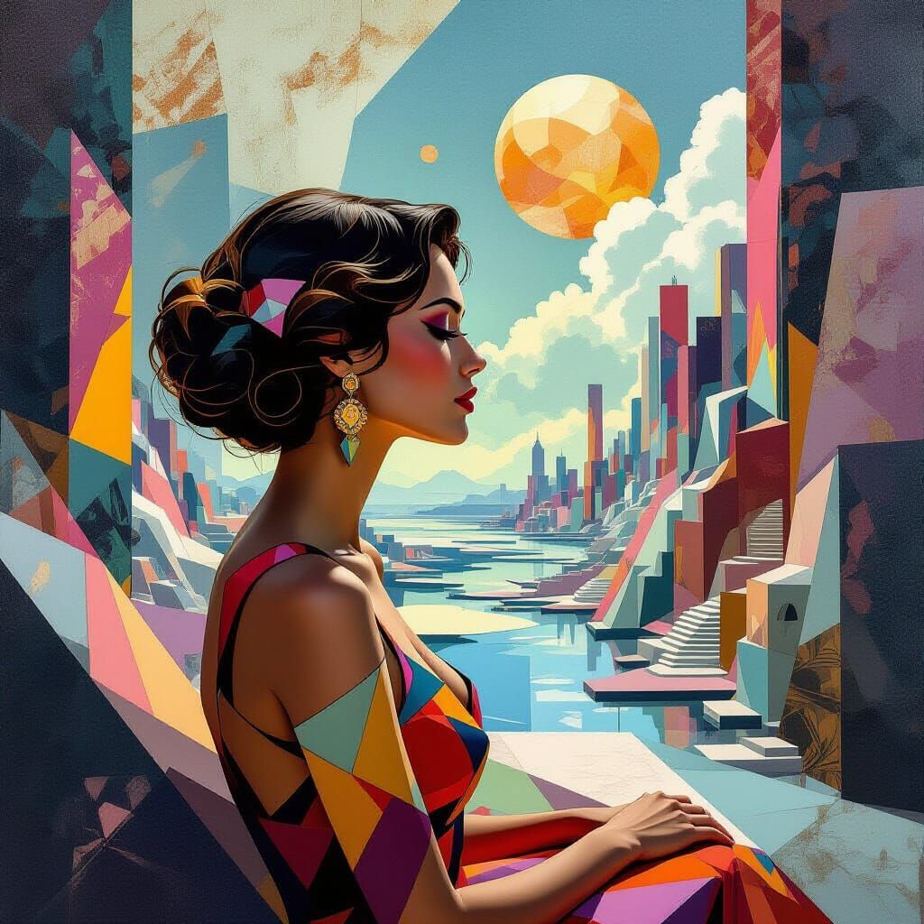 Surreal Woman in Dreamscape with Cubist Forms