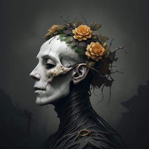 Gothic Skull Portrait Emerging from Dark Organic Matter