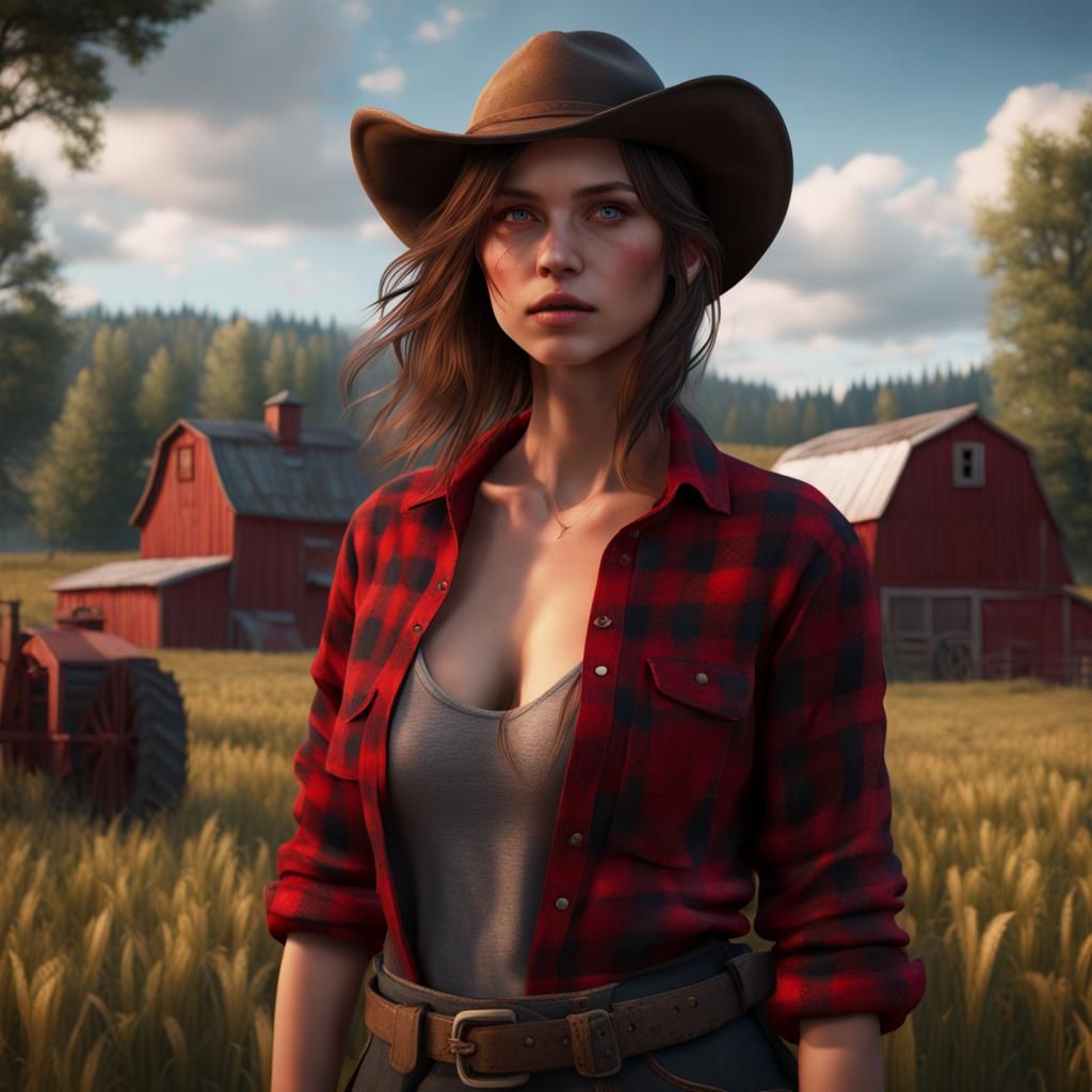 Farm Girl in Red Flannel, Detailed Matte Painting